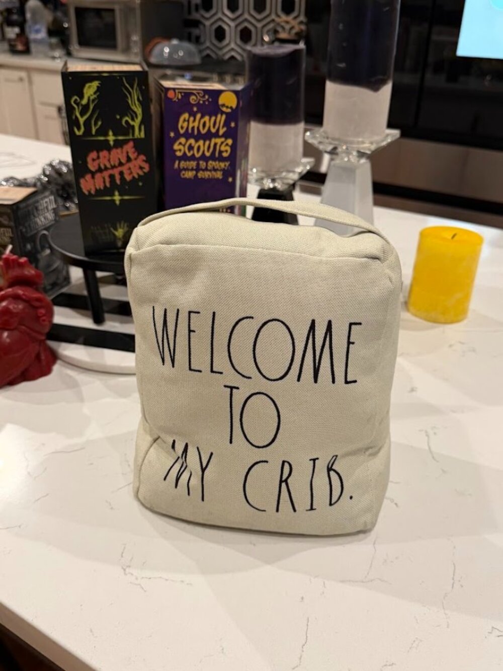 Rae Dunn Cream Fabric Doorstop "WELCOME TO MY CRIB."